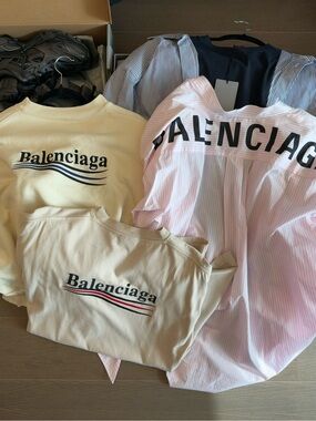 Balenciaga Cream Logo Sweaters & Pink Striped Shirt